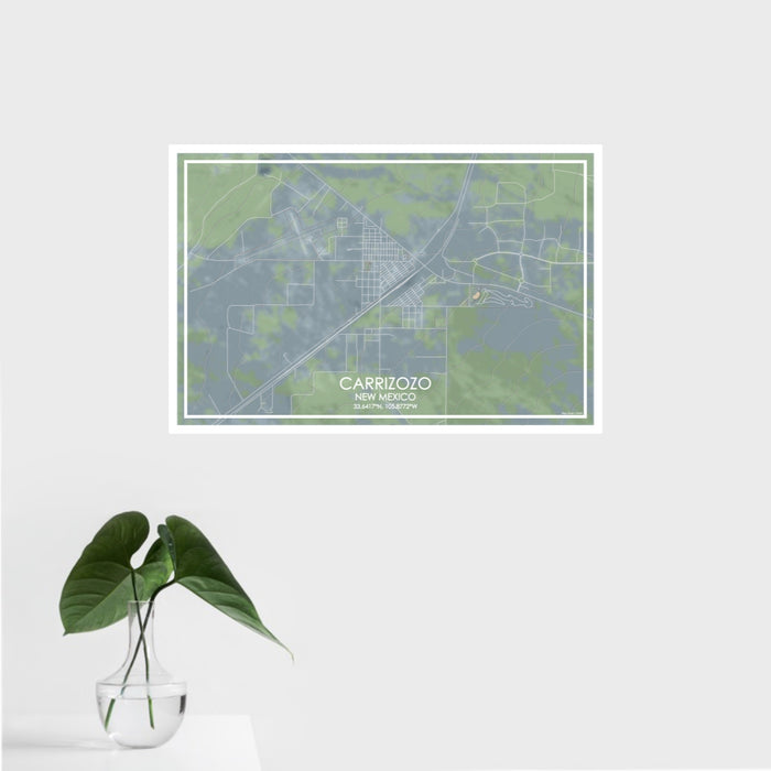 16x24 Carrizozo New Mexico Map Print Landscape Orientation in Afternoon Style With Tropical Plant Leaves in Water