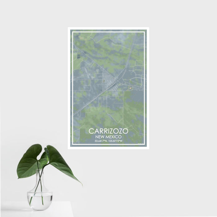 16x24 Carrizozo New Mexico Map Print Portrait Orientation in Afternoon Style With Tropical Plant Leaves in Water
