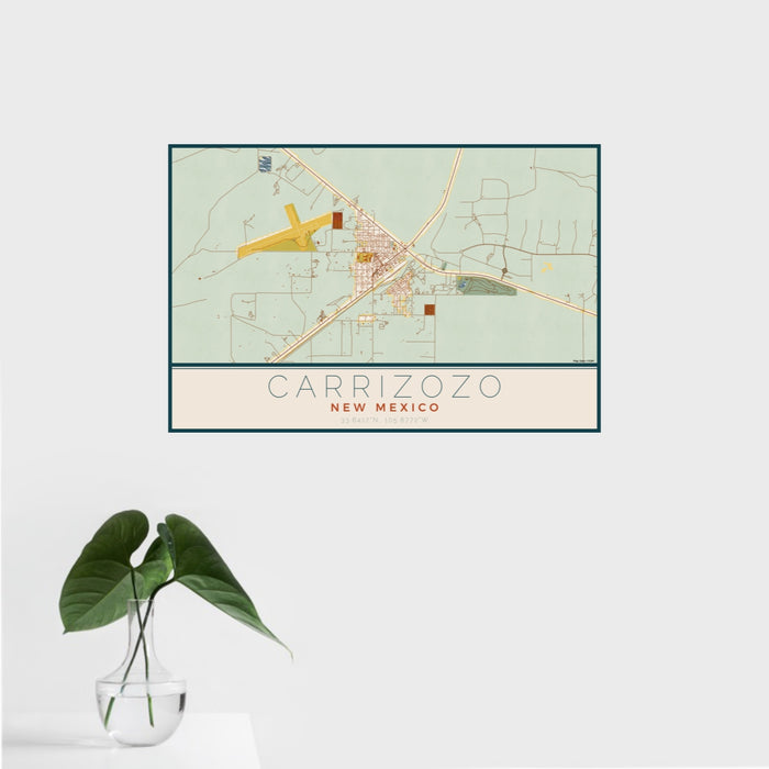 16x24 Carrizozo New Mexico Map Print Landscape Orientation in Woodblock Style With Tropical Plant Leaves in Water