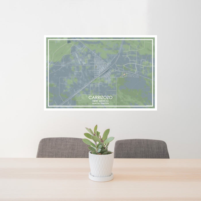 24x36 Carrizozo New Mexico Map Print Lanscape Orientation in Afternoon Style Behind 2 Chairs Table and Potted Plant