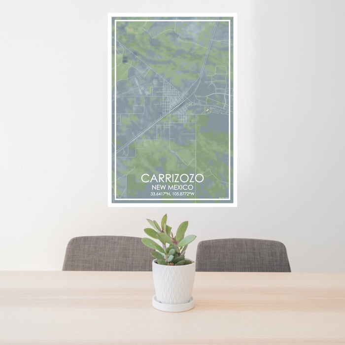 24x36 Carrizozo New Mexico Map Print Portrait Orientation in Afternoon Style Behind 2 Chairs Table and Potted Plant
