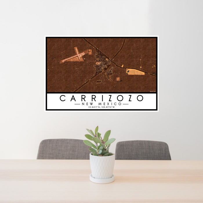 24x36 Carrizozo New Mexico Map Print Lanscape Orientation in Ember Style Behind 2 Chairs Table and Potted Plant