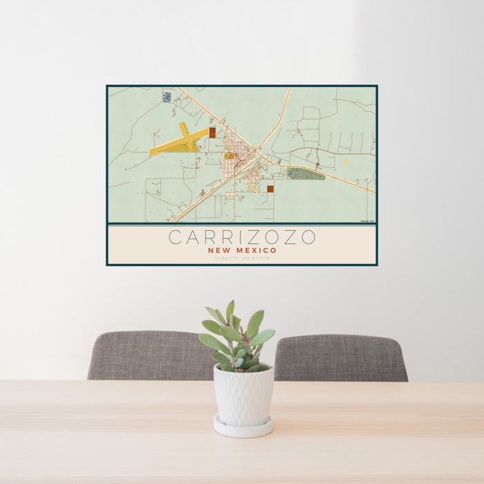 24x36 Carrizozo New Mexico Map Print Lanscape Orientation in Woodblock Style Behind 2 Chairs Table and Potted Plant