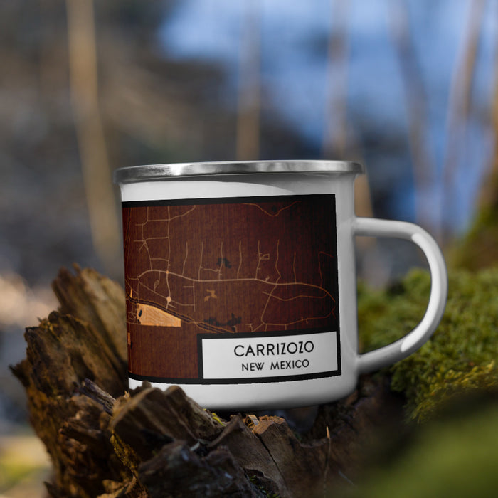 Right View Custom Carrizozo New Mexico Map Enamel Mug in Ember on Grass With Trees in Background