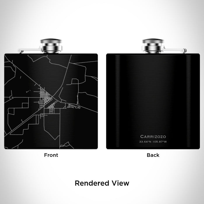 Rendered View of Carrizozo New Mexico Map Engraving on 6oz Stainless Steel Flask in Black