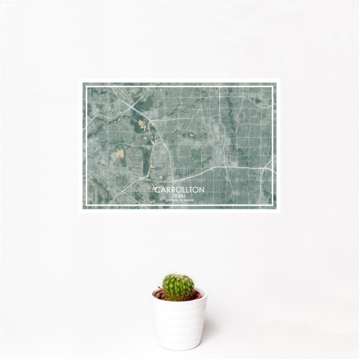 12x18 Carrollton Texas Map Print Landscape Orientation in Afternoon Style With Small Cactus Plant in White Planter