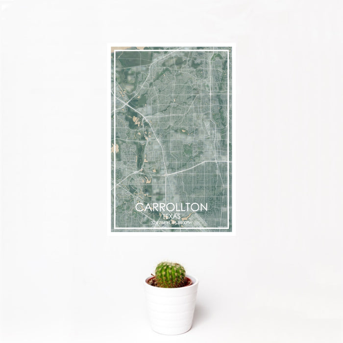 12x18 Carrollton Texas Map Print Portrait Orientation in Afternoon Style With Small Cactus Plant in White Planter
