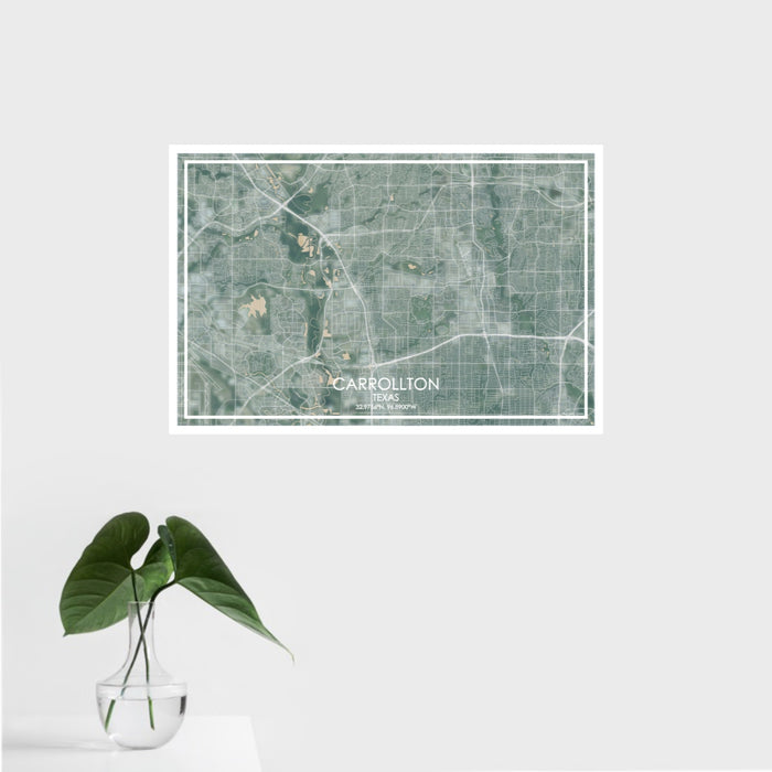 16x24 Carrollton Texas Map Print Landscape Orientation in Afternoon Style With Tropical Plant Leaves in Water