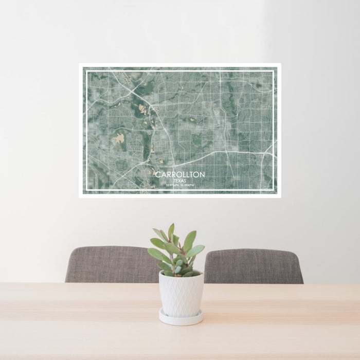 24x36 Carrollton Texas Map Print Lanscape Orientation in Afternoon Style Behind 2 Chairs Table and Potted Plant