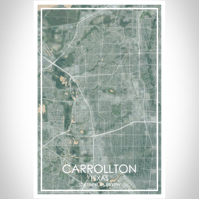 Carrollton Texas Map Print Portrait Orientation in Afternoon Style With Shaded Background