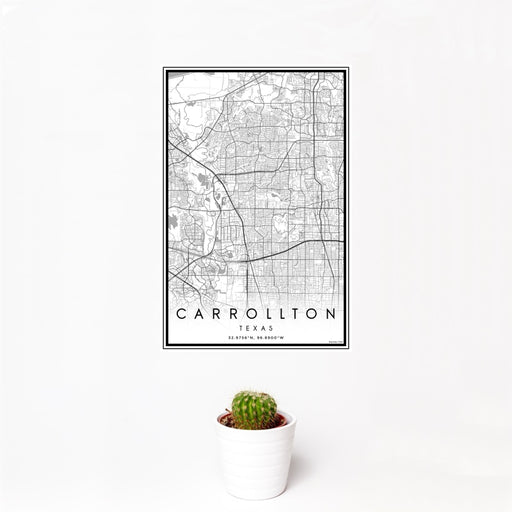 12x18 Carrollton Texas Map Print Portrait Orientation in Classic Style With Small Cactus Plant in White Planter
