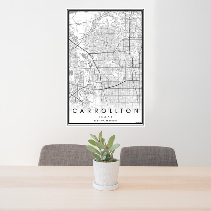24x36 Carrollton Texas Map Print Portrait Orientation in Classic Style Behind 2 Chairs Table and Potted Plant