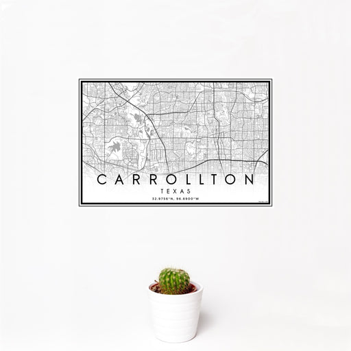 12x18 Carrollton Texas Map Print Landscape Orientation in Classic Style With Small Cactus Plant in White Planter