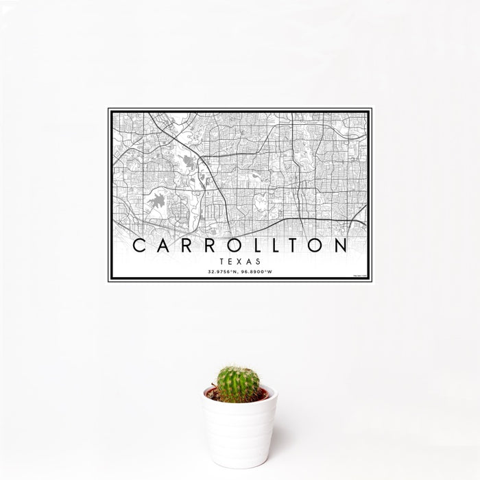 12x18 Carrollton Texas Map Print Landscape Orientation in Classic Style With Small Cactus Plant in White Planter