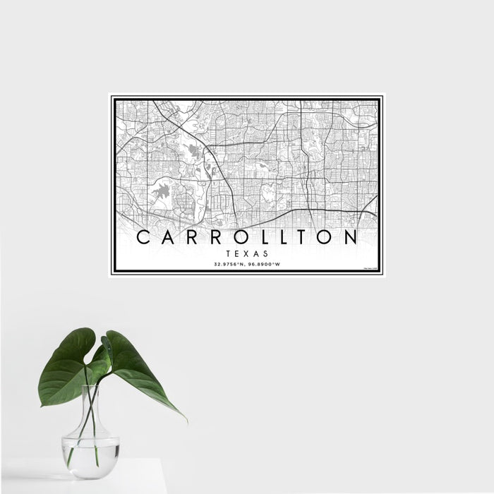 16x24 Carrollton Texas Map Print Landscape Orientation in Classic Style With Tropical Plant Leaves in Water