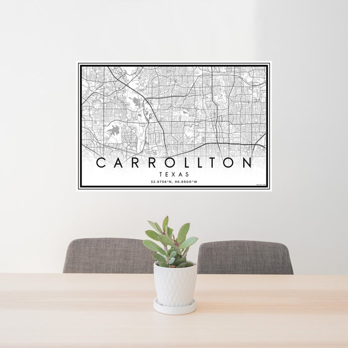 24x36 Carrollton Texas Map Print Landscape Orientation in Classic Style Behind 2 Chairs Table and Potted Plant