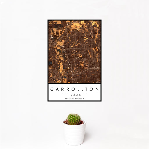 12x18 Carrollton Texas Map Print Portrait Orientation in Ember Style With Small Cactus Plant in White Planter