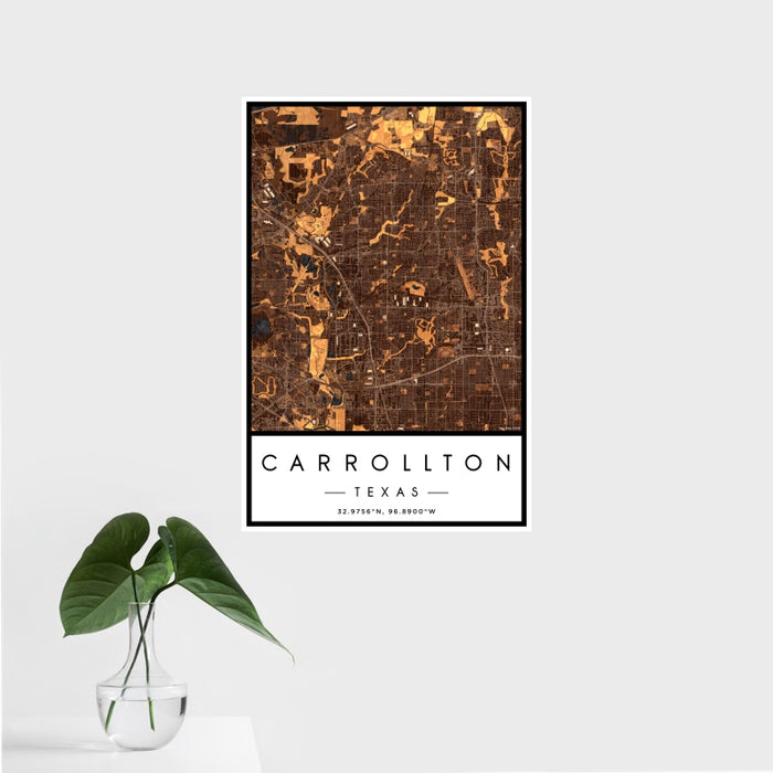 16x24 Carrollton Texas Map Print Portrait Orientation in Ember Style With Tropical Plant Leaves in Water