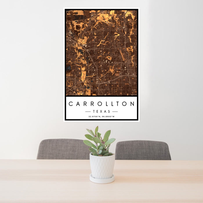 24x36 Carrollton Texas Map Print Portrait Orientation in Ember Style Behind 2 Chairs Table and Potted Plant