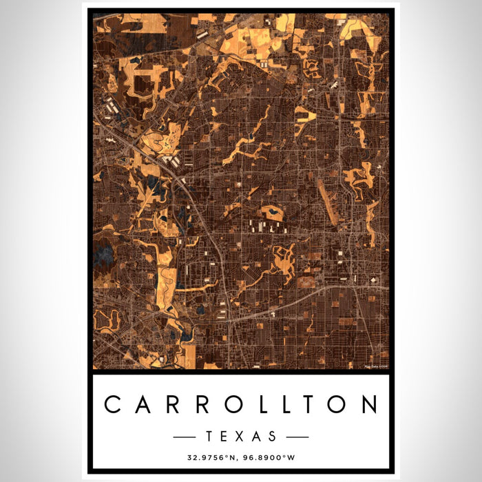 Carrollton Texas Map Print Portrait Orientation in Ember Style With Shaded Background