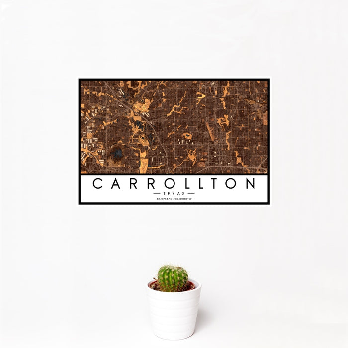 12x18 Carrollton Texas Map Print Landscape Orientation in Ember Style With Small Cactus Plant in White Planter