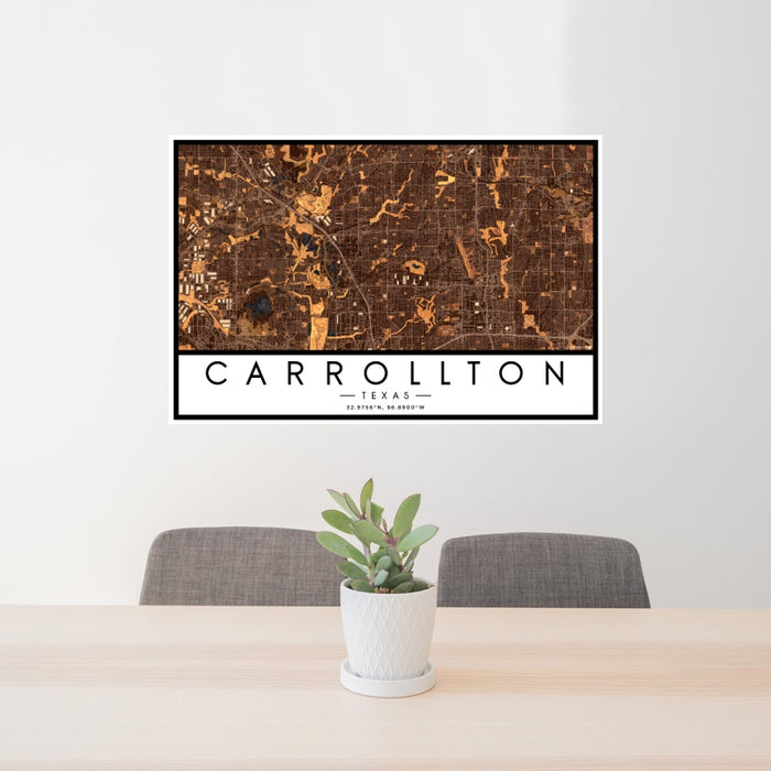 24x36 Carrollton Texas Map Print Landscape Orientation in Ember Style Behind 2 Chairs Table and Potted Plant