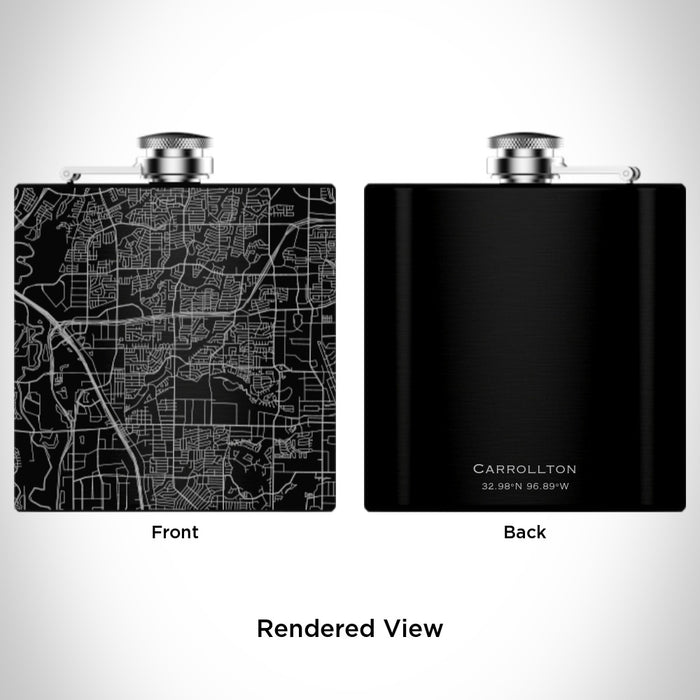 Rendered View of Carrollton Texas Map Engraving on 6oz Stainless Steel Flask in Black