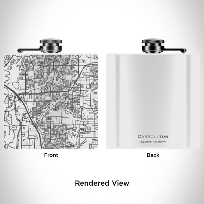 Rendered View of Carrollton Texas Map Engraving on 6oz Stainless Steel Flask in White