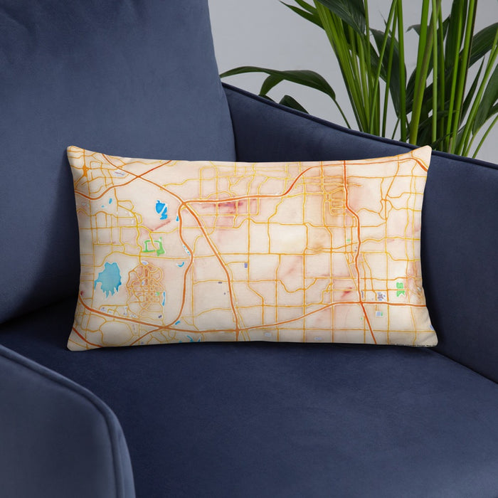 Custom Carrollton Texas Map Throw Pillow in Watercolor on Blue Colored Chair
