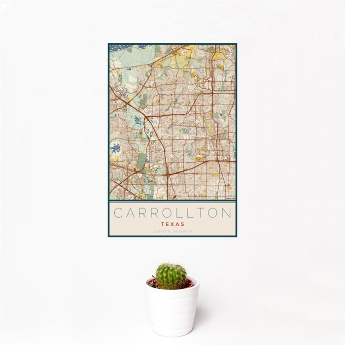 12x18 Carrollton Texas Map Print Portrait Orientation in Woodblock Style With Small Cactus Plant in White Planter