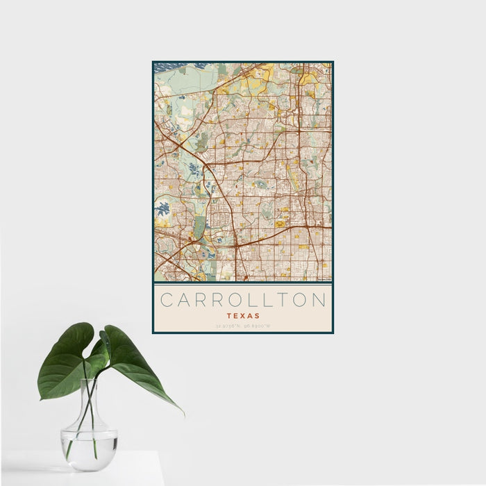 16x24 Carrollton Texas Map Print Portrait Orientation in Woodblock Style With Tropical Plant Leaves in Water