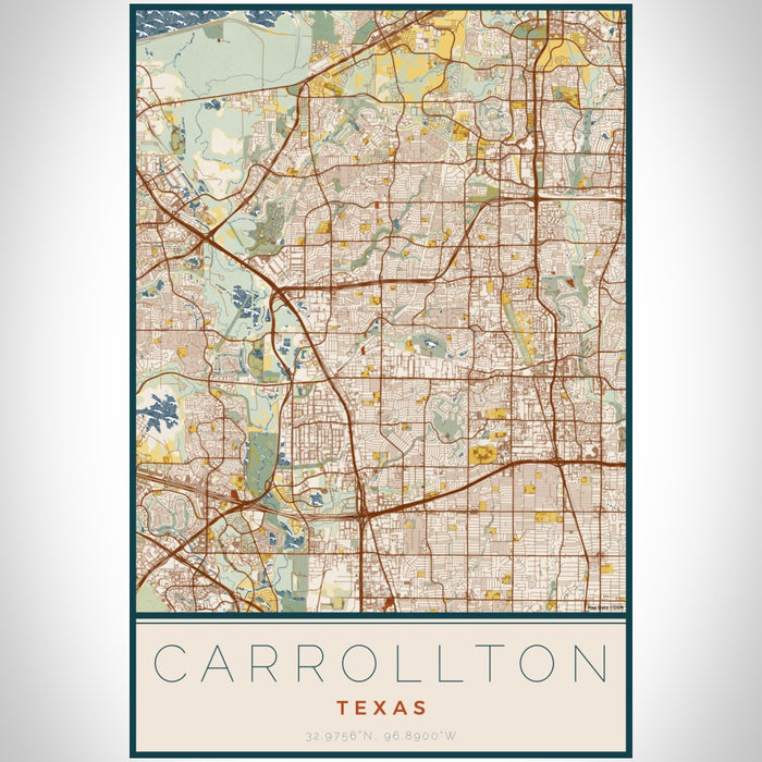 Carrollton Texas Map Print Portrait Orientation in Woodblock Style With Shaded Background