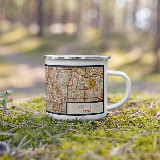 Right View Custom Carrollton Texas Map Enamel Mug in Woodblock on Grass With Trees in Background