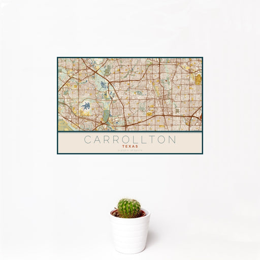 12x18 Carrollton Texas Map Print Landscape Orientation in Woodblock Style With Small Cactus Plant in White Planter