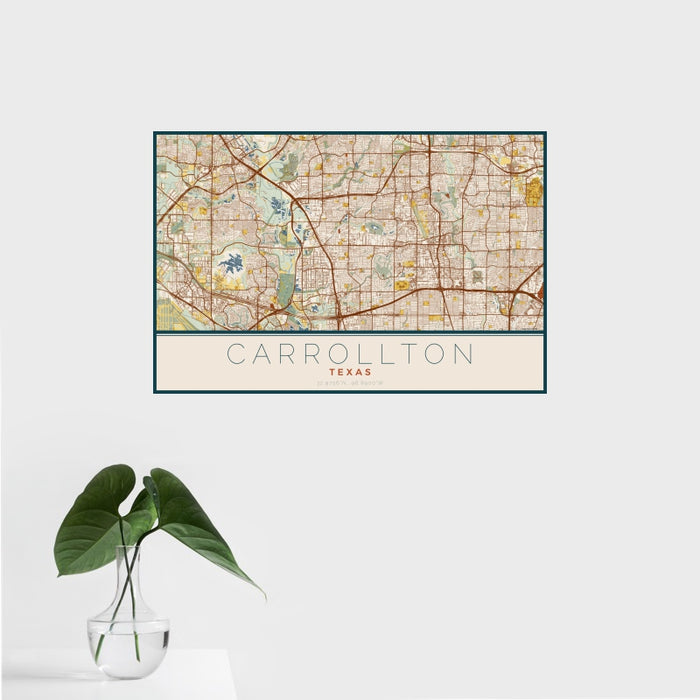 16x24 Carrollton Texas Map Print Landscape Orientation in Woodblock Style With Tropical Plant Leaves in Water