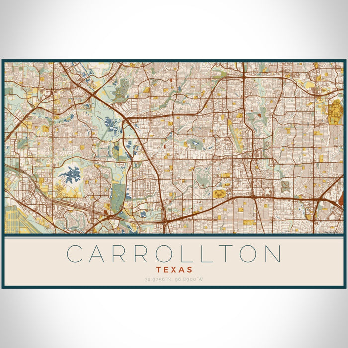 Carrollton Texas Map Print Landscape Orientation in Woodblock Style With Shaded Background