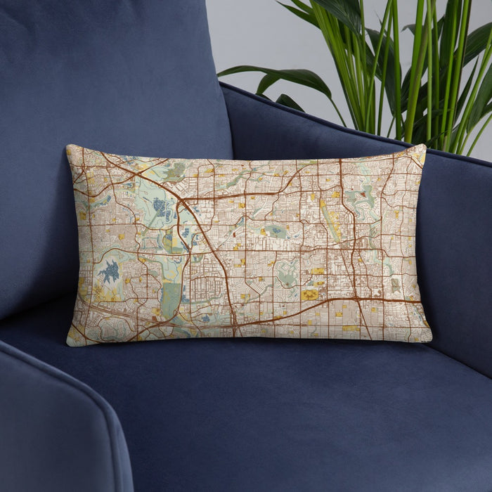 Custom Carrollton Texas Map Throw Pillow in Woodblock on Blue Colored Chair