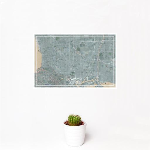 12x18 Carson California Map Print Landscape Orientation in Afternoon Style With Small Cactus Plant in White Planter