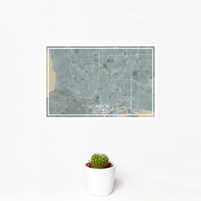 12x18 Carson California Map Print Landscape Orientation in Afternoon Style With Small Cactus Plant in White Planter