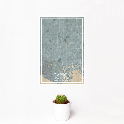 12x18 Carson California Map Print Portrait Orientation in Afternoon Style With Small Cactus Plant in White Planter