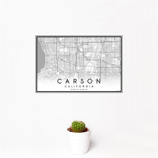 12x18 Carson California Map Print Landscape Orientation in Classic Style With Small Cactus Plant in White Planter