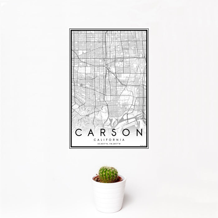 12x18 Carson California Map Print Portrait Orientation in Classic Style With Small Cactus Plant in White Planter
