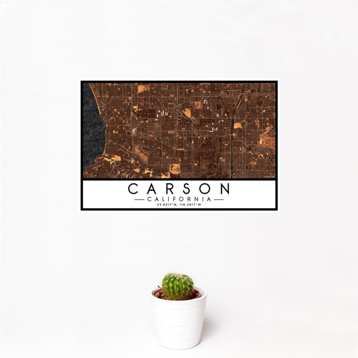 12x18 Carson California Map Print Landscape Orientation in Ember Style With Small Cactus Plant in White Planter