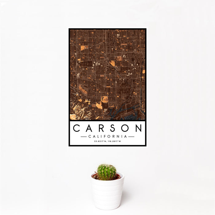 12x18 Carson California Map Print Portrait Orientation in Ember Style With Small Cactus Plant in White Planter