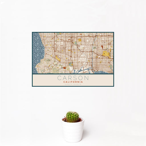 12x18 Carson California Map Print Landscape Orientation in Woodblock Style With Small Cactus Plant in White Planter
