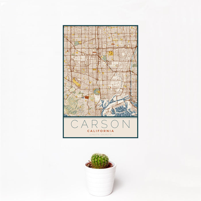 12x18 Carson California Map Print Portrait Orientation in Woodblock Style With Small Cactus Plant in White Planter