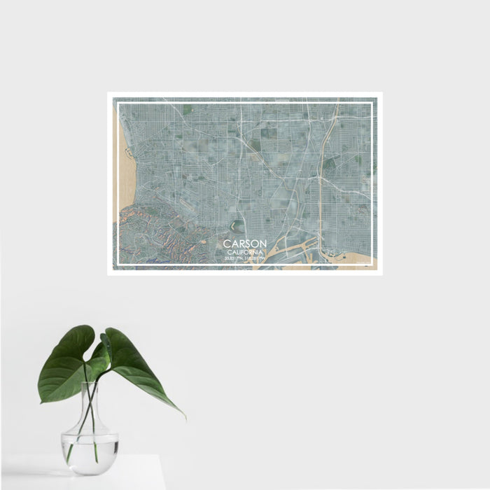 16x24 Carson California Map Print Landscape Orientation in Afternoon Style With Tropical Plant Leaves in Water