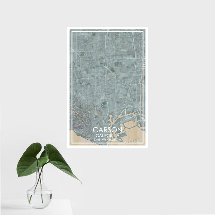 16x24 Carson California Map Print Portrait Orientation in Afternoon Style With Tropical Plant Leaves in Water