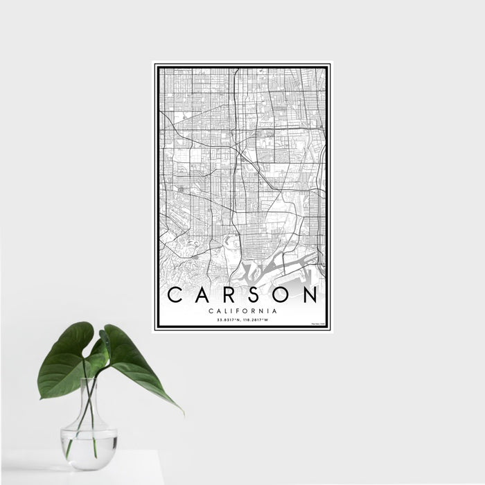 16x24 Carson California Map Print Portrait Orientation in Classic Style With Tropical Plant Leaves in Water