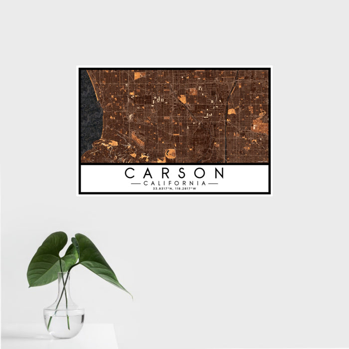 16x24 Carson California Map Print Landscape Orientation in Ember Style With Tropical Plant Leaves in Water